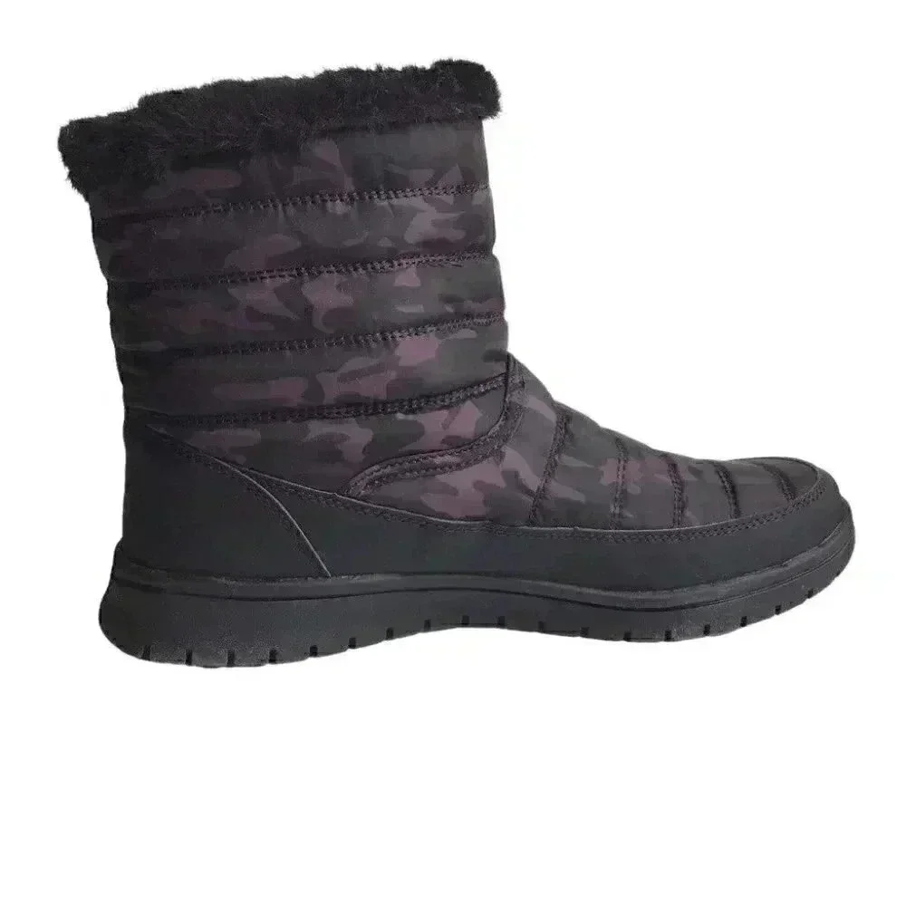 Ryka Snow Boots Womens 11 Black Suzy Quilted Camo Water Repellant Faux Fur Vegan